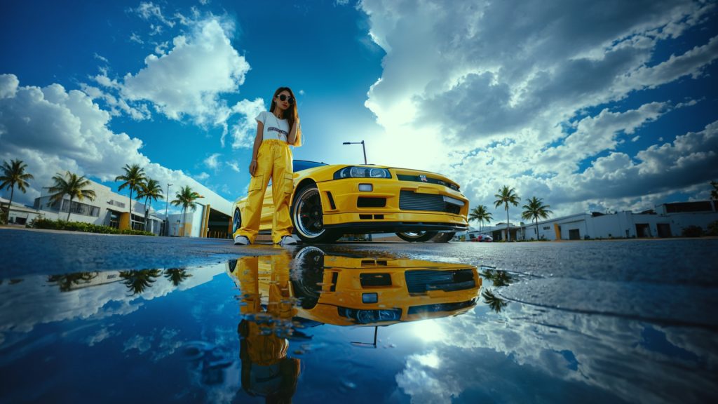 A stylish car influencer standing beside a bright yellow sports car, reflected in a puddle under dramatic blue skies, representing the energy and creativity of the UK’s top automotive content creators.